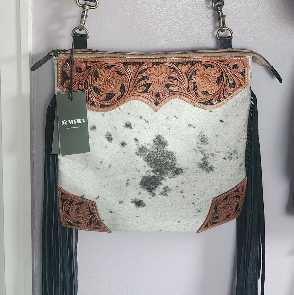 NWT Myra Bag White Cowhide & Tan Tooled Leather Shoulder Bag with Black Strap